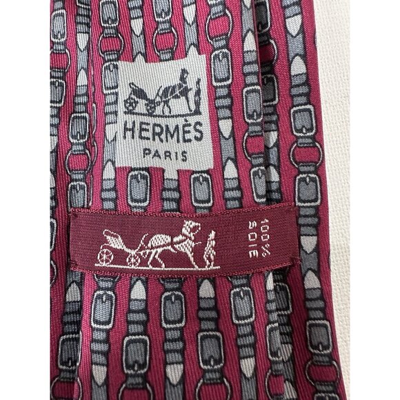 Vintage Hermes Red Buckle Print Men’s Neck Tie - Picture 4 of 6